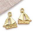 Detail showing two gold-plated stainless steel sailing boat charms for DIY jewelry making - Nautical Series Sailboat Style (T2217) / 1 Piece/Pack (20x16x3mm)