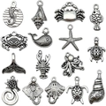 Set of 15 antique silver sea animal charms including turtle starfish for DIY jewelry making - 15pcs Mixed Ocean Series Set (SN1149)