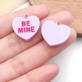 Detail of lavender resin heart charms with Be Mine text and silver rings for DIY jewelry - 1.9x1.9cm (1.2g) / Purple (BEMINE)