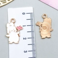 White enamel rabbit pendant with pink flower and golden alloy ring for DIY jewelry - White Enamel Rabbit