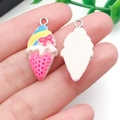 Resin ice cream cone pendant with pink grid and blue-yellow top for DIY jewelry - White Base Rose Red Bow (24502)