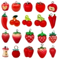 Set de colgantes de resina de frutas con fresas 3D, manzanas y cerezas con anillas plateadas - Serie de 20 Frutas y Verduras Rojas Vibrantes