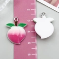 Pink resin peach pendant with green leaves and metal ring for DIY jewelry making - Peach Style (24358) / 1 Piece (24x19x6mm) / Peach Pink