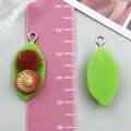 DIY resin leaf charm with red fruit and flower detail, green back and silver ring - Bayberry Style (24363) / 1 Piece (30x13.5x8mm) / Green