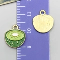 Golden alloy kiwi fruit charm with green enamel coating and brushed metal texture - Kiwi Style (24404)