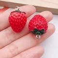 Pair of lifelike red resin strawberry pendants with green leaves and metal rings - Red 3D Strawberry (16390)