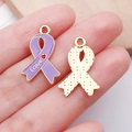Purple enamel ribbon charm with white LOVE text and red heart on golden metal - Purple Love Bowknot Ribbon Charm (24859)