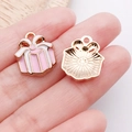 Pink and white enamel gift box alloy pendant with gold textured back for DIY jewelry - Pink Christmas Gift Box Style