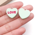 Mint green resin heart pendant with red LOVE lettering and silver metal ring - LOVE Letter Heart Shape (19x19mm) / Green