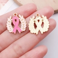 Pink ribbon breast cancer awareness alloy pendant with gold wreath for DIY jewelry - Pink Garland Bowknot Ribbon Charm (24863)