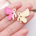Pink ribbon butterfly enamel charm with gold-tone metal for DIY jewelry making - Rose Pink Bowknot Ribbon Charm (24865)