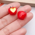 Red resin apple pendant with yellow heart inlay and silver ring for DIY jewelry making - Heart Bitten Apple (19700)