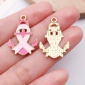 Pink ribbon anchor pendant charm with golden plating and pink enamel for DIY jewelry - Pink Anchor Bowknot Ribbon Charm (24867)