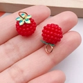 Realistic red raspberry resin charms with green leaves and gold rings for DIY jewelry - Red Resin Raspberry (24143)