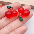 Sparkling red resin cherry charms with green leaves and glitter for DIY jewelry making - Glitter 3D Cherry (24386)