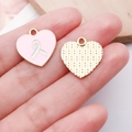 Pink enamel heart charm with white ribbon and gold alloy back for DIY jewelry making - Rose Pink Heart Bowknot Ribbon Charm (24874)