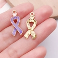Pink heart and purple ribbon alloy pendant charm for DIY jewelry being held on fingertip - Purple Heart Bowknot Ribbon Charm (24876)
