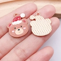 Christmas bear metal charm with red Santa hat and golden textured back for DIY jewelry - Brown Christmas Hat Bear (25282)