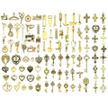 Assorted vintage gold alloy charms including sewing tools, keys, and hearts for DIY jewelry - 100 Styles Antique Gold Set