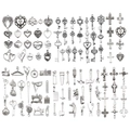 Vintage silver alloy charms set with hearts, sewing tools, and keys for DIY jewelry making - 100 Styles Antique Silver Set