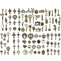 Assorted vintage bronze alloy pendants featuring tools, keys, and sewing themes for DIY jewelry - 100 Styles Antique Bronze Set