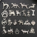 Antique silver dog charms set with bone and paw prints for DIY jewelry making - Mixed Dog Charm Set (SN09)