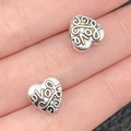 Antique silver heart charm bead with LOVE engraving and vintage floral pattern relief - LOVE Letter Heart Bead (8813) / 1 Piece/Pack (8x9x10mm) / Antique Silver