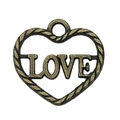 Antique bronze heart pendant with LOVE cutout and twisted rope texture for DIY jewelry - Heart Love 14x13mm (19939)