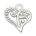 Bright silver heart pendant with hollow filigree design and beaded edge for DIY jewelry - Hollow Beaded Scroll Heart Style (19966)