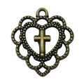 Vintage bronze alloy heart pendant with openwork cross detail and top hanging ring - Hollow Heart Cross 21x20mm (20310)