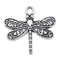 Antique silver dragonfly pendant for DIY jewelry making with detailed carved wings - Vintage Carved Dragonfly (10421)