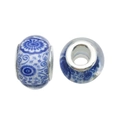 Blue floral resin large hole bead with silver metal core for DIY bracelets - Blue and White Porcelain Style (13116) / 1 Piece (13mm) / Dark Blue