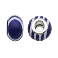 Dark blue resin charm bead with white stripes and silver metal core for DIY bracelets - Stripe Style (13121) / 1 Piece (13mm) / Dark Blue