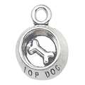 Antique silver dog bowl pendant with bone relief and TOP DOG engraving for DIY jewelry - Dog Food Bowl Style (9812) / 10x15mm