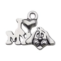 Silver dog pendant charm with I Love My Dog engraving and heart symbol for DIY jewelry - Heart Dog Style (15564) / 17x14mm