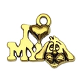 Detail view of a gold alloy dog charm featuring I love my dog heart engraving for DIY crafts - I My Dog Style (20567)