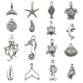 Set of 16 vintage silver ocean charms including seahorse starfish and dolphins for DIY jewelry - Mixed Ocean Set