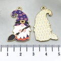 Purple gnome enamel charm with white beard and broom, showing front and gold textured back - Purple Gnome Wizard Style (21709) / 30x19mm