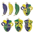 Set of 7 Mardi Gras enamel charms featuring colorful feathers and joker mask pendants - Mixed 7 Styles Mardi Gras Enamel Set