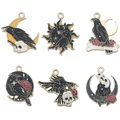 Lot de 6 breloques émaillées gothiques avec corbeau, lune, soleil et rose pour bijoux DIY - Série Corbeau Soleil Lune (SN1085) / 6 Pièces / Noir