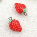Vibrant red strawberry charms with green leaves and silver rings for DIY accessories - 1pc Resin Strawberry 12x20mm