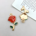 Ciondoli a forma di rosa in smalto rosso con cornice in lega dorata per gioielli - Rosa Rossa (12x23mm) (12306)