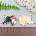 Gothic raven skull and rose enamel pendant with gold trim for DIY jewelry making - Black Enamel Skull Head Raven Pattern (21746)