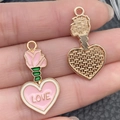 Pink heart-shaped rose charm with LOVE engraving and golden metal textured back - 1 Piece Rose LOVE Perfume Bottle Style (21121)