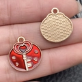 Pink heart key charms in red enamel and gold finish for DIY jewelry making and pendants - 1 Piece Heart Key Round Plate Style (21463)