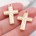 Vintage KC gold cross alloy pendant with embossed vine pattern for DIY jewelry crafts - 1pc Patterned Cross 22x15mm (20337)
