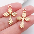 Vintage KC gold alloy cross pendant charm with leaf texture for DIY jewelry making - 1pc Cross 26x16mm (20339)