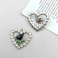 Ciondolo a cuore con rosa e strass per gioielli fai da te e collane eleganti - Rosa Nera Cuore Placcato K Bianco (18x17mm) (15963)