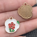 Pink heart keychain charm with white enamel flower and red rose detail for DIY jewelry - 1 Piece Rose Flower Plate Style (21475)