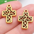 Pair of hollow vintage golden cross alloy pendants with intricate scroll patterns - Hollow Cross Style (20378)